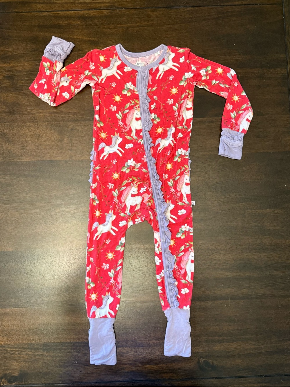 Laree + Co Red Unicorn Kids One-Piece Bodysuit with Lavender Trim 18-24 months